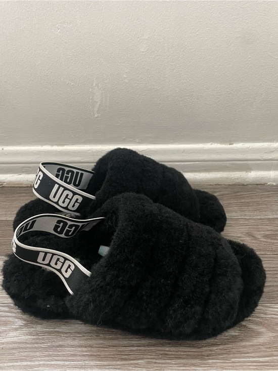 UGG Shoes - UGG Black Plush Slide with Logo Strap